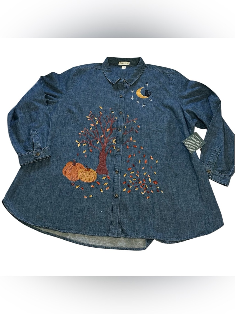 Coldwater Creek Womens Denim Embroidered Fall Shirt Size 3XL Pumpkin Halloween